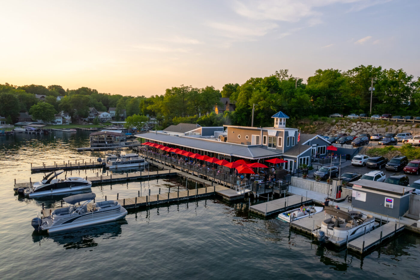 Beautiful bay right outside of Marina 27 Steak & Seafood with boats and docks on the water.
