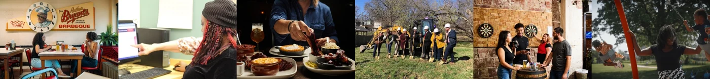 A collage of six pictures from left to right: tow customers at a restaurant, a server using the computer, food at a restaurant, workers going to shovel up dirt, friends playing dirts, and a mom and son at the park.
