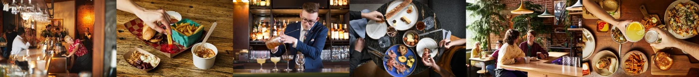 A collage of six pictures from left to right: servers at the bar, an array of American food, a bartender serving a drink, two customers eating food, two customers sitting at the bar, and two customers enjoying food.