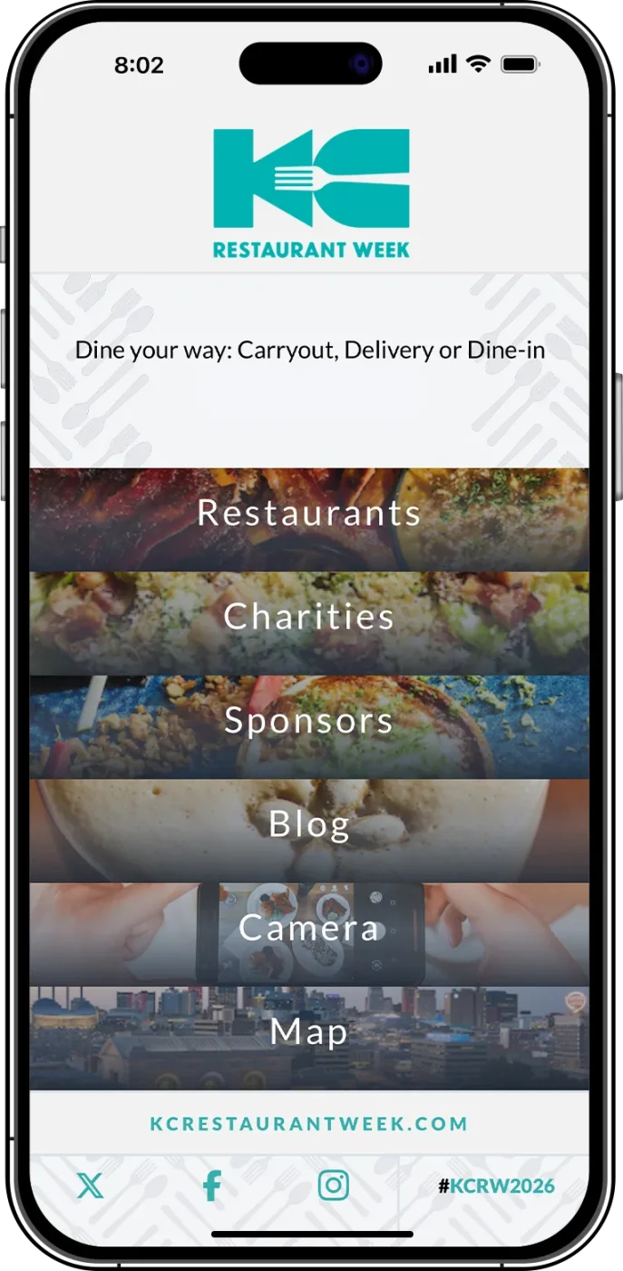 Cellphone screen filled with Kansas City Restaurant Week content and a menu for the restaurants, charities, sponsors, blogs, camera, and map.